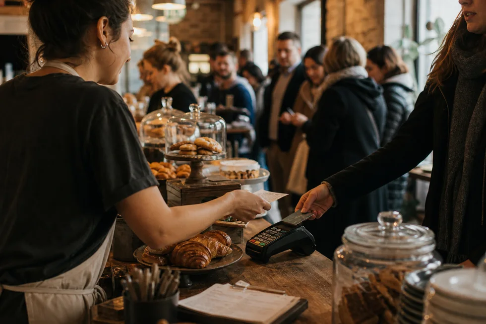 Busy bakery counter with a customer paying by card and a receipt being handed over